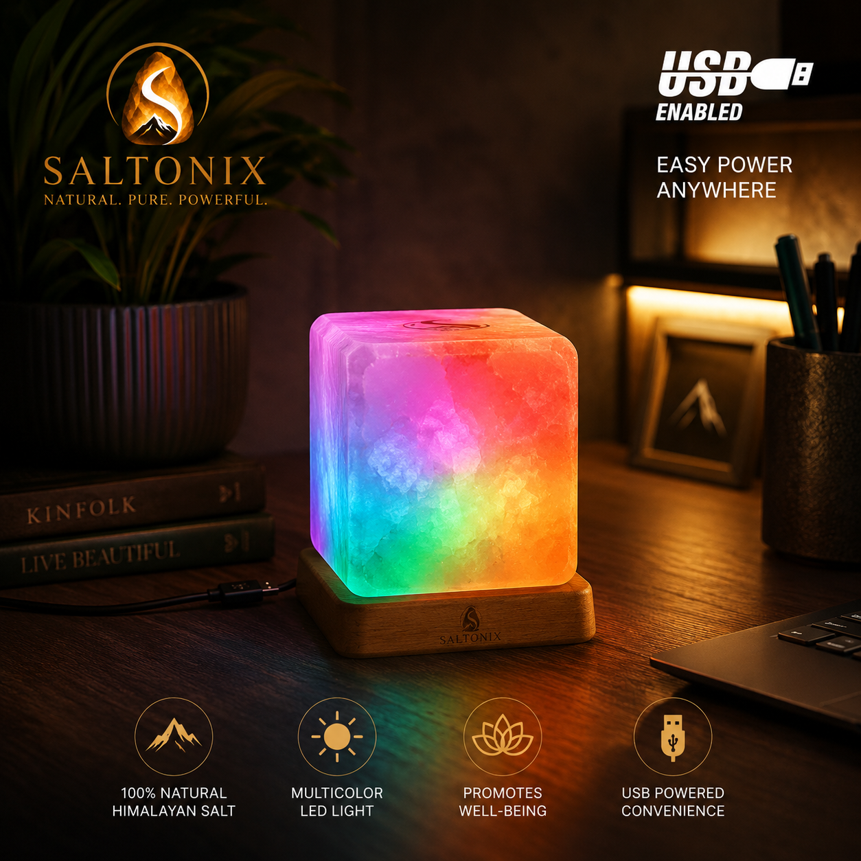 Cube Shape USB Salt Lamp with Multicolored LED Bulb