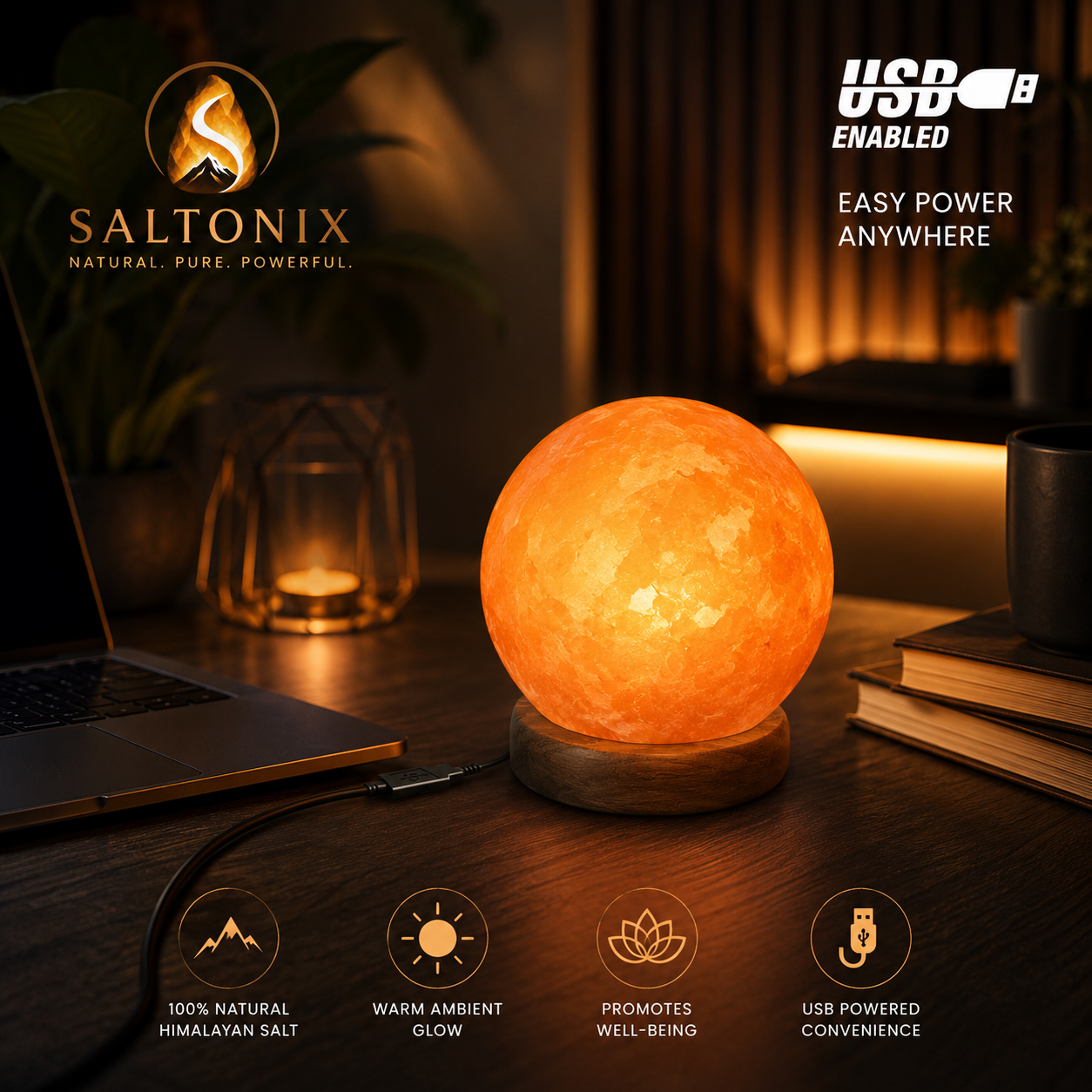 Ball Shape USB Salt Lamp with Multicolored LED Bulb