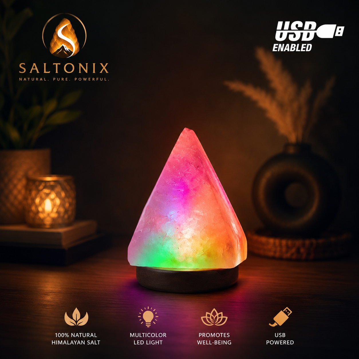 Pyramid Shape USB Salt Lamp with Multicolored LED Bulb